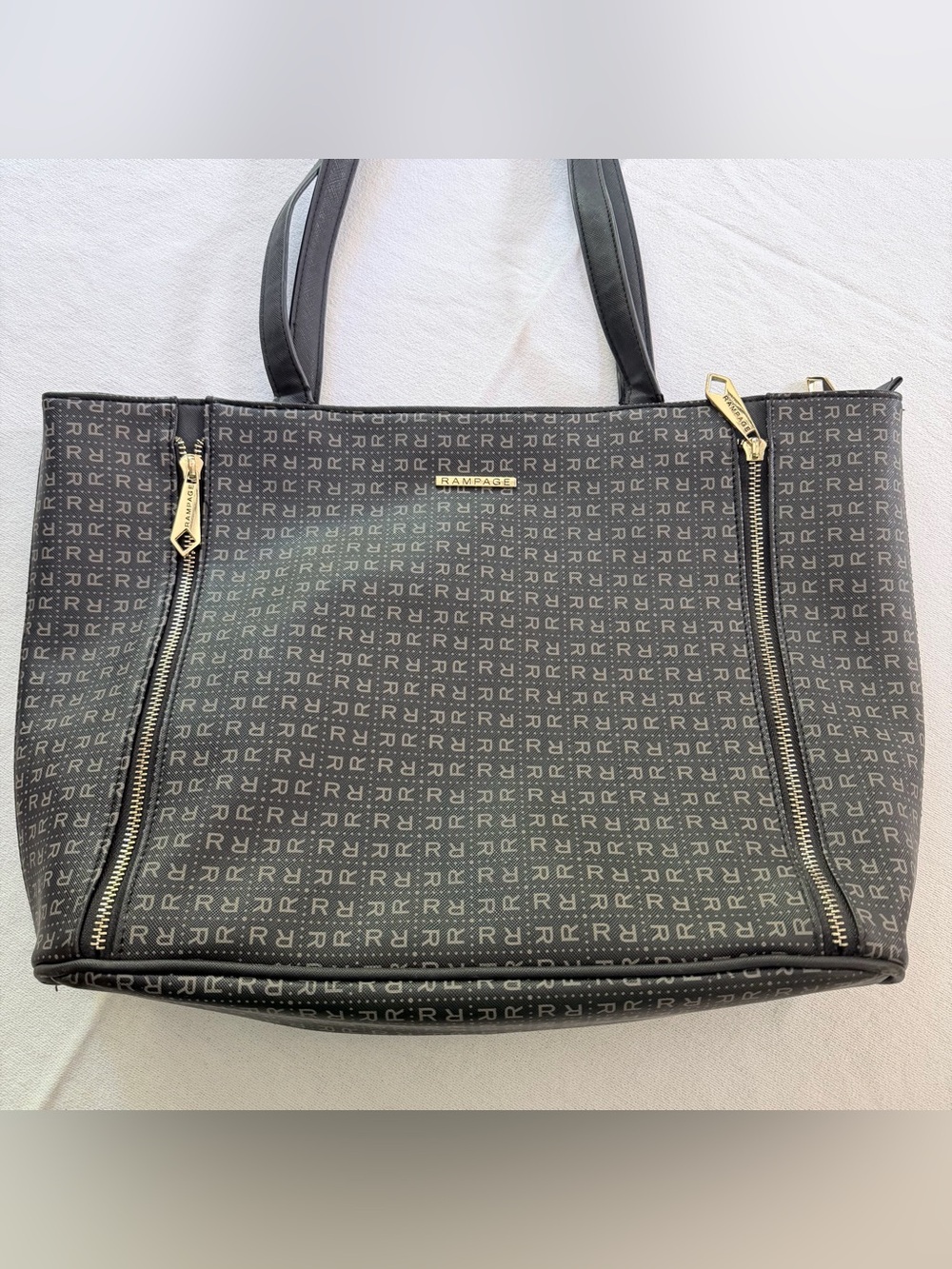 Rampage Black/Gray Monogram Tote Bag Zip Closure Gold-Tone Hardware Pockets
